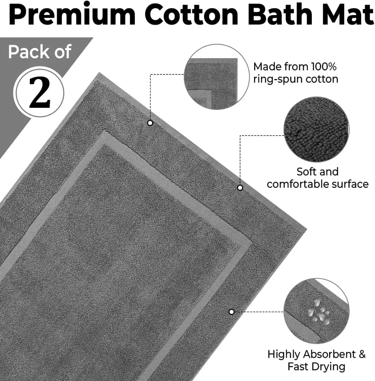 2-Pack Absorbent Cotton Bath Mat Set - 22x34 Inches, Soft & Quick-Dry, Perfect for Shower or Tub from PriceLows™