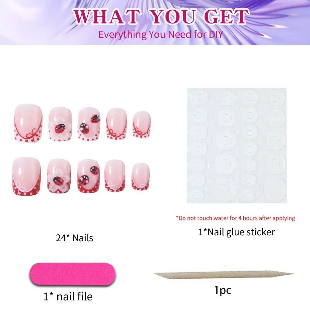 24 pieces per set. Rectangular 3D gel flower polka dot ladybug red French nail art stickers. Summer nail set. from PriceLows™
