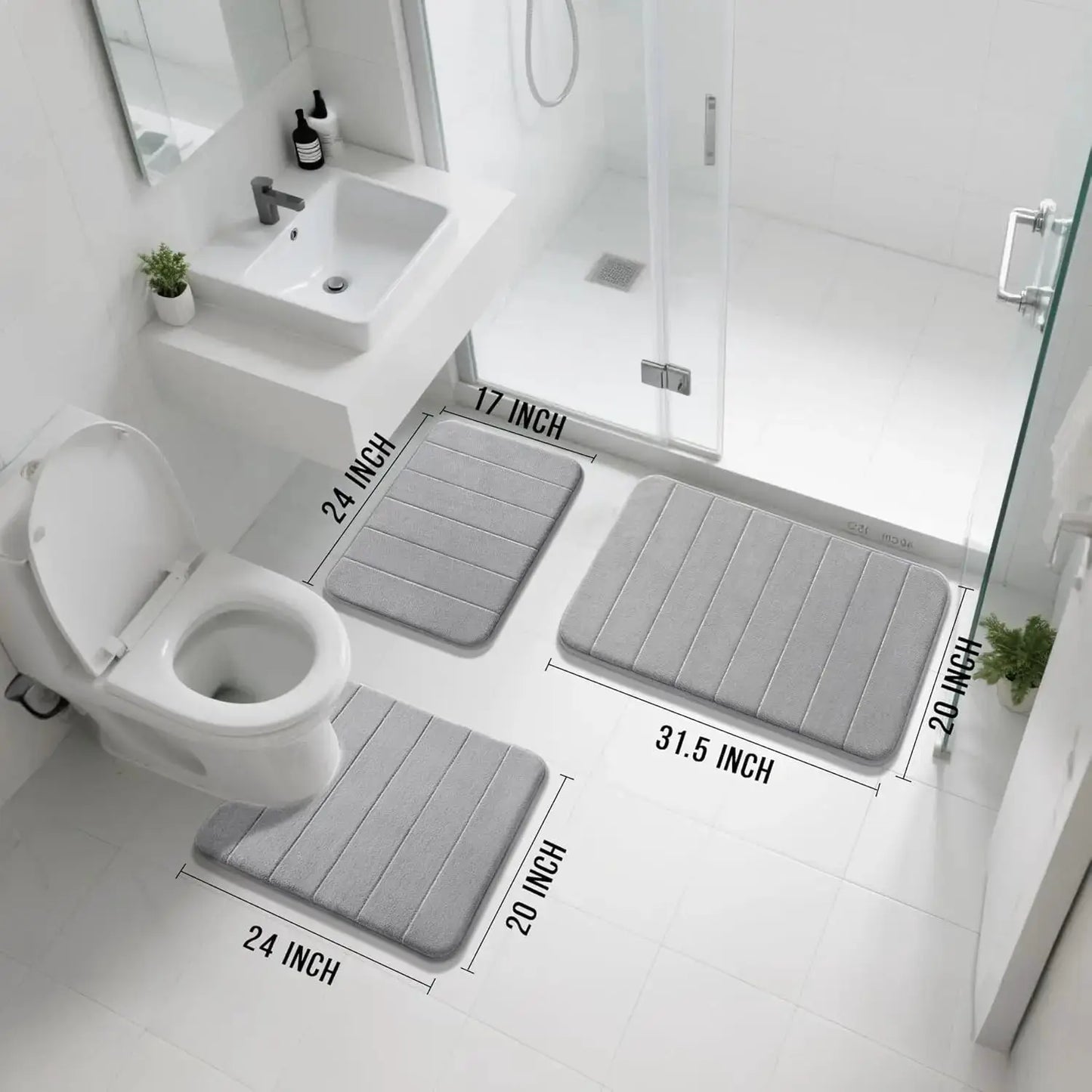 Memory Foam Bath Mat Set 3 Pieces - Super Soft Absorbent Quick Dry Non Slip Bathroom Rug for Tub Shower Vanity Toilet Base Gray from PriceLows™