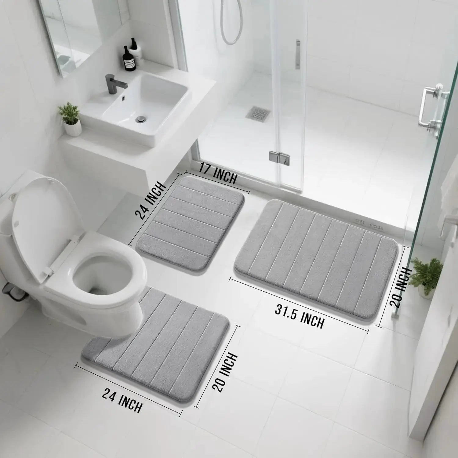 Memory Foam Bath Mat Set 3 Pieces - Super Soft Absorbent Quick Dry Non Slip Bathroom Rug for Tub Shower Vanity Toilet Base Gray from PriceLows™