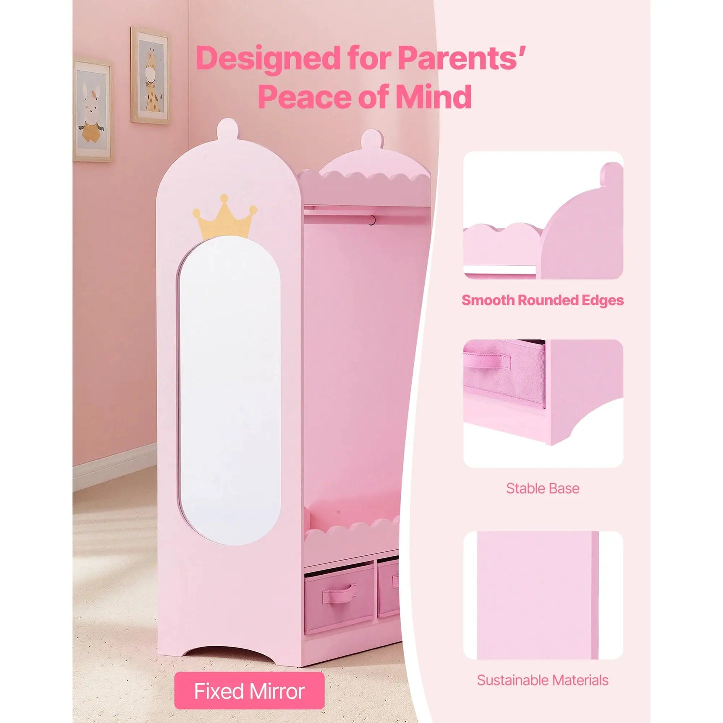 SucceBuy Kids Dress Up Storage with Mirror & Drawer Toddler Costume Wardrobe Closet Pretend Storage Dresser for Girls Room Pink from PriceLows™