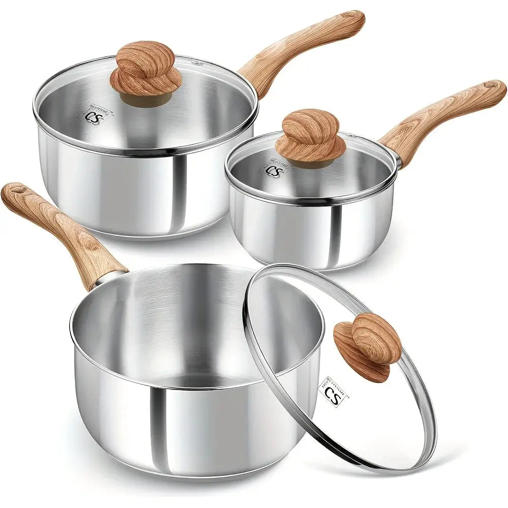 Set of 6 Stainless Steel Saucepans with Lids, Featuring a Cool-Touch Bakelite Handle, Including 1 QT, 2 QT, And 3 QT Sizes from PriceLows™