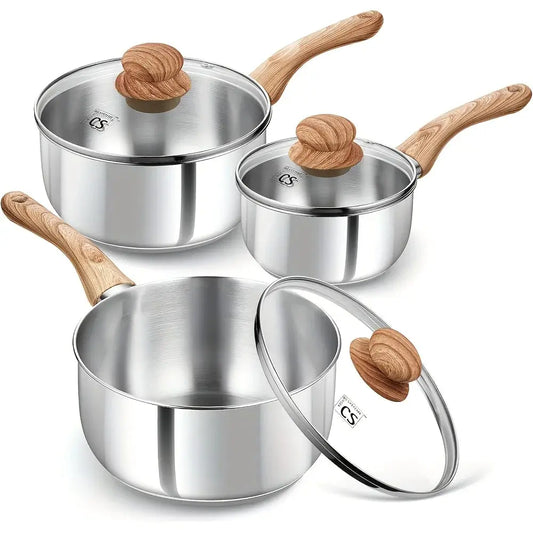 Set of 6 Stainless Steel Saucepans with Lids, Featuring a Cool-Touch Bakelite Handle, Including 1 QT, 2 QT, And 3 QT Sizes from PriceLows™