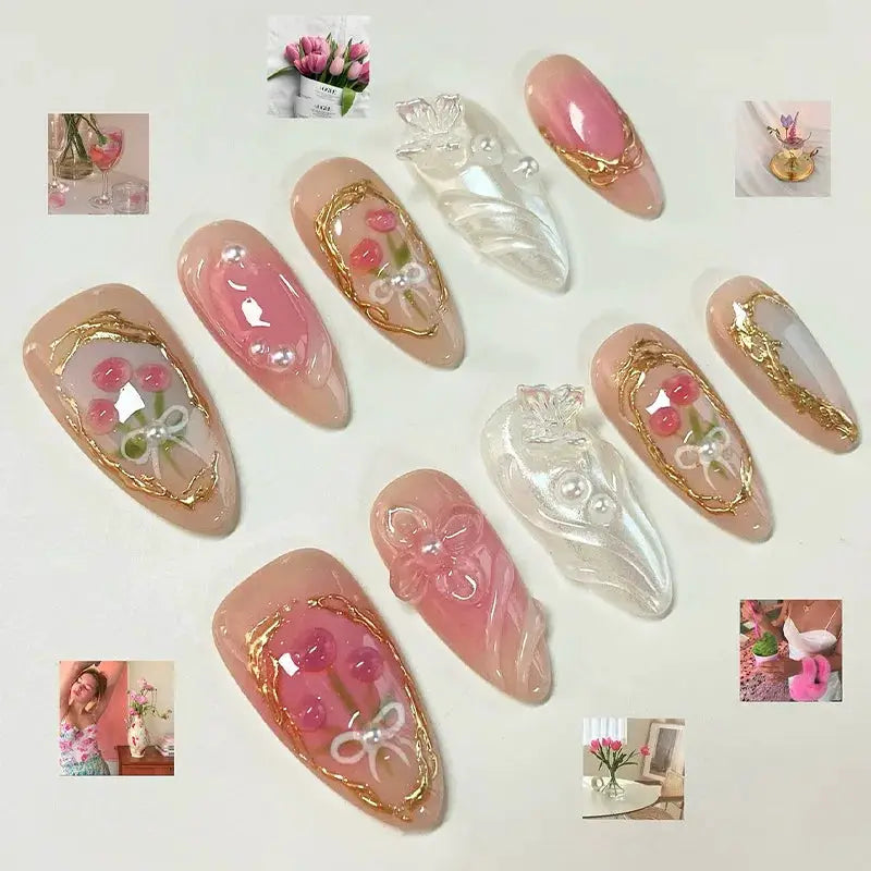 Almond Press On Nails | Acrylic Finish | Pearl Flower Design | 24 Piece Set