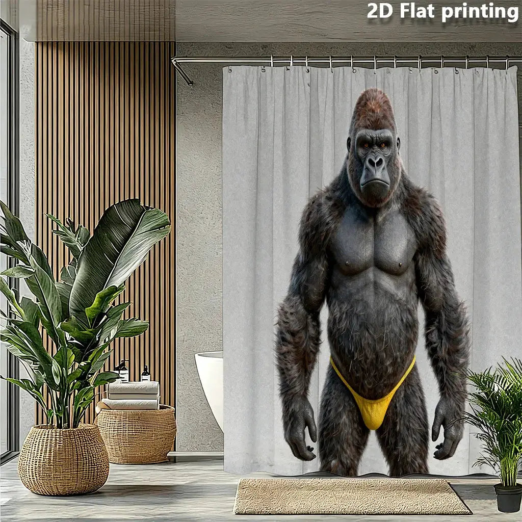 Funny Gorilla Shower Curtain, Strong Ape in Yellow Underwear, Novelty Animal Print Waterproof Bathroom Decor 3D Realistic Design from PriceLows™