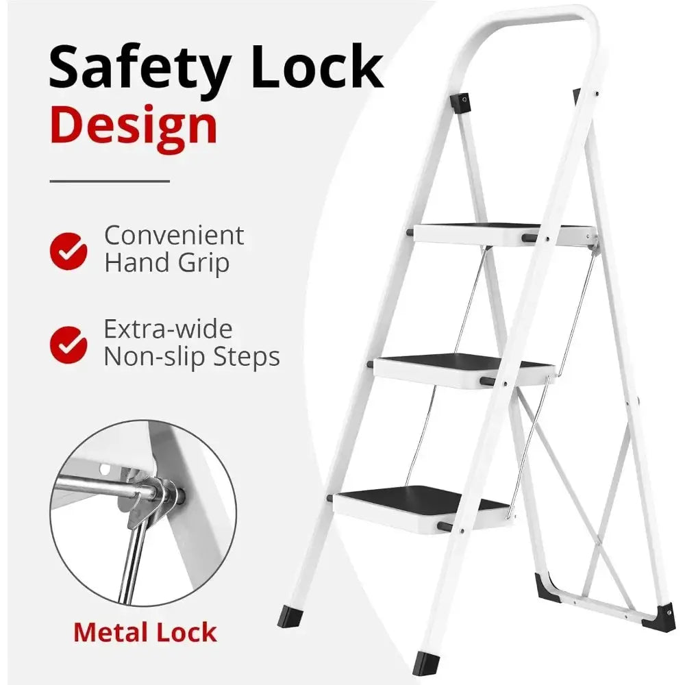 Folding Step Stool with Anti-Slip Pedal 330 lbs Capacity for Kitchen Home White Alloy Steel from PriceLows™