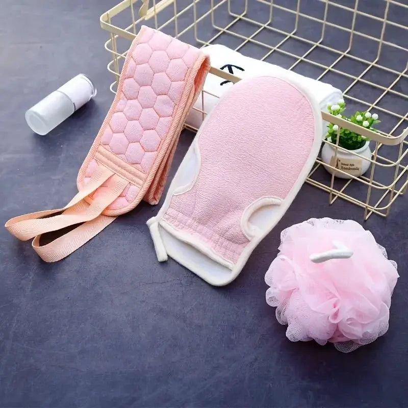 Bath Exfoliating Set | 3-Piece | Gloves, Flower, Scrubber | Bathing Accessories