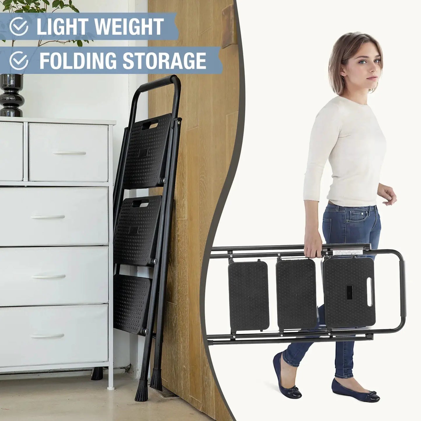 JHK Folding 2/3 Step Ladder Stool with Anti-Slip Pedal 800lbs Capacity Sturdy Steel Portable Cushioned Handle for Kitchen Home from PriceLows™