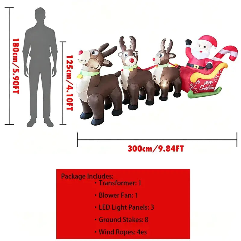 Christmas Inflatable Santa Sleigh | 9.8Ft LED | 3 Reindeer | Garden Lawn