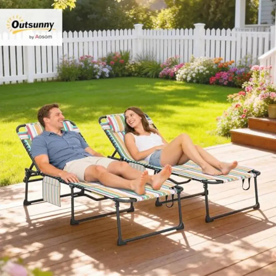 2 Piece Folding Chaise Lounge for Outdoor Use Polyester Rainbow Striped 5-Level Reclining with Face Hole Side Pocket Headrest from PriceLows™