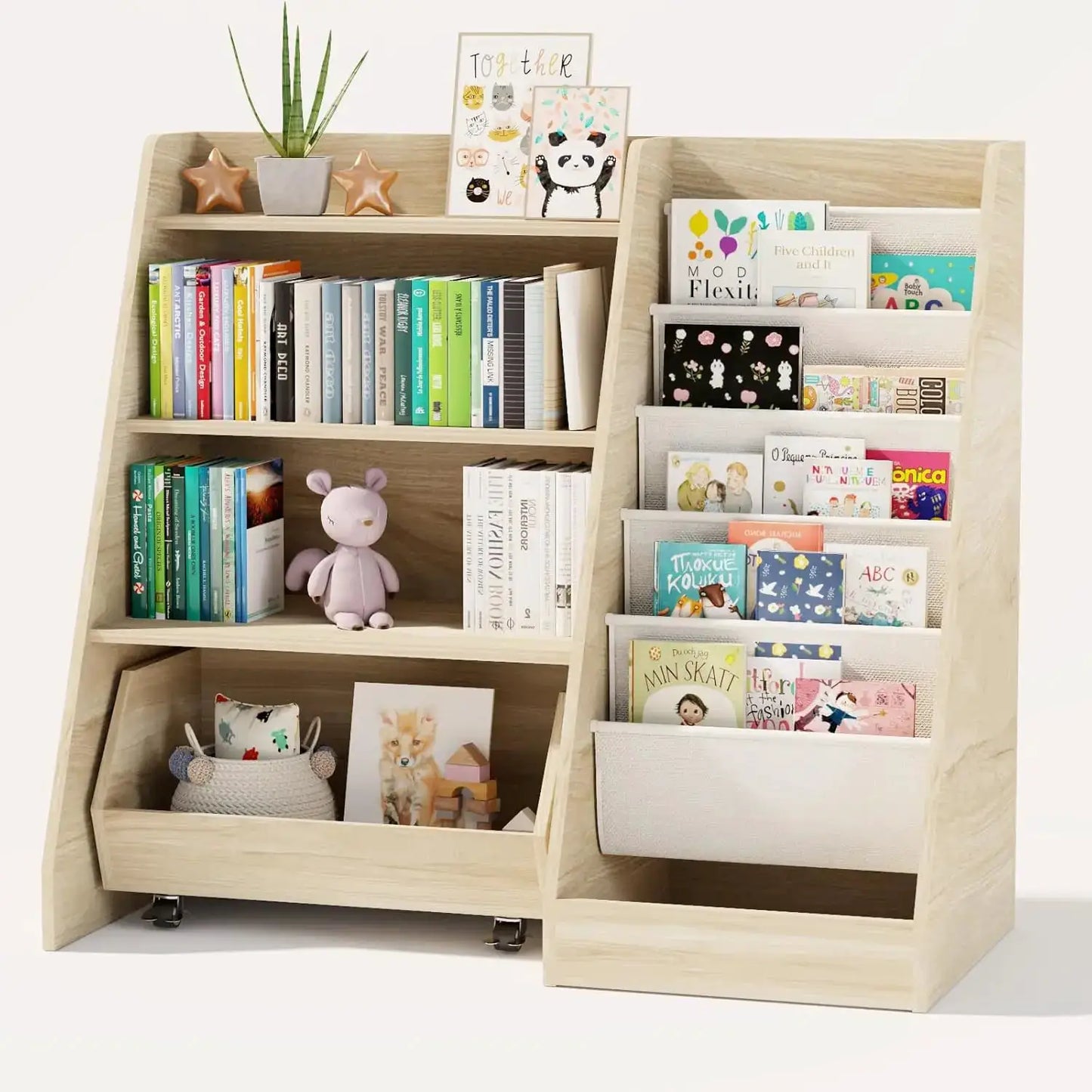4-Tier Kids Bookshelf with Movable Drawer & 5 Pockets, Montessori Toy Storage for Playroom Nursery from PriceLows™