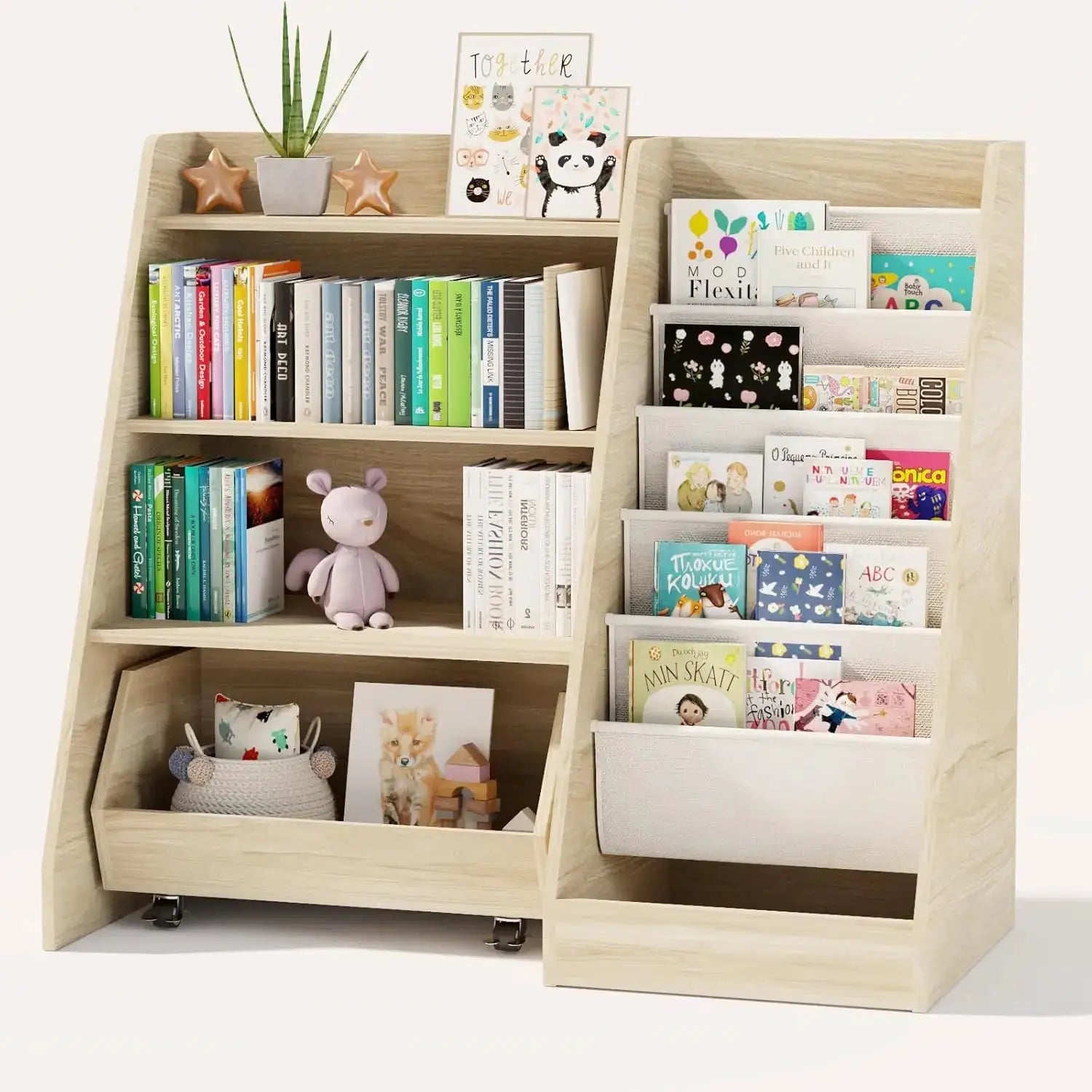 4-Tier Kids Bookshelf with Movable Drawer & 5 Pockets, Montessori Toy Storage for Playroom Nursery from PriceLows™