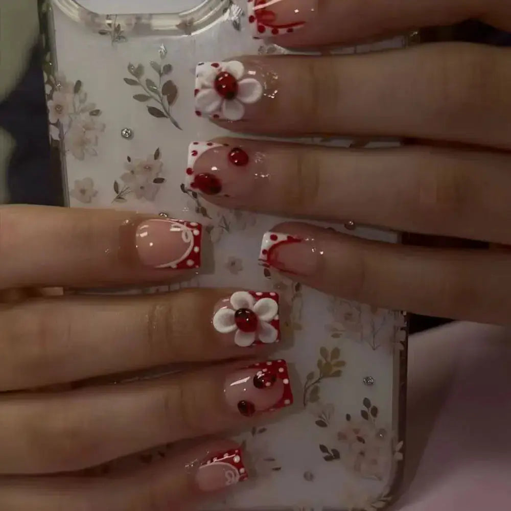 24 pieces per set. Rectangular 3D gel flower polka dot ladybug red French nail art stickers. Summer nail set. from PriceLows™