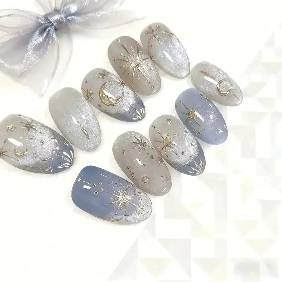 Press On Nails | Sweet Almond Shape | 24 Pcs | Gradient Blue French Design