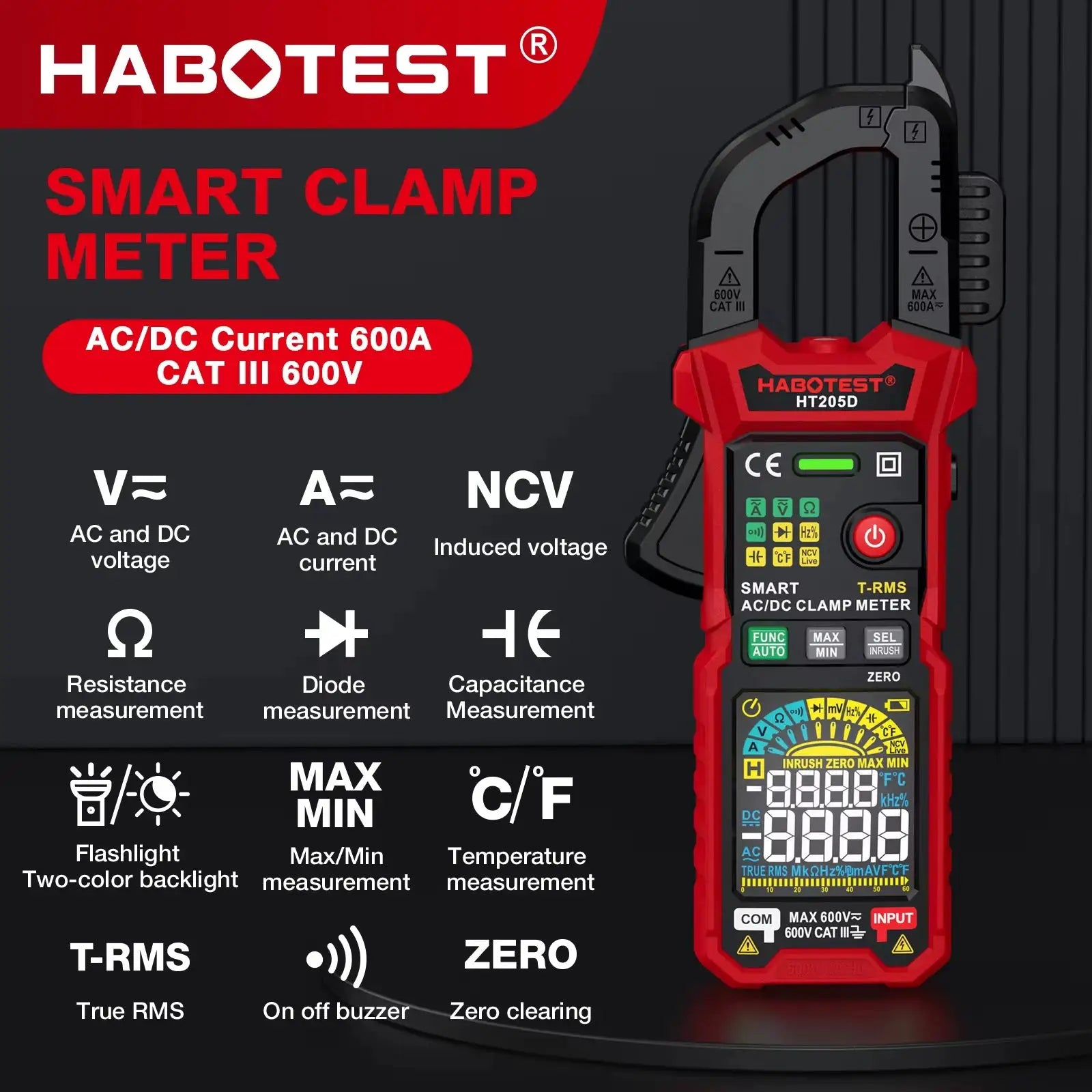 HABOTEST HT205 Clamp Meter 600A True RMS AC/DC Current Amp Meter Measures Current Voltage Temperature Capacitance Ohm Tester from PriceLows™