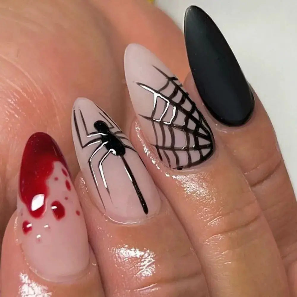 Press On Nails | Short Square | Red French Tip Spider Web | 24 Piece Set