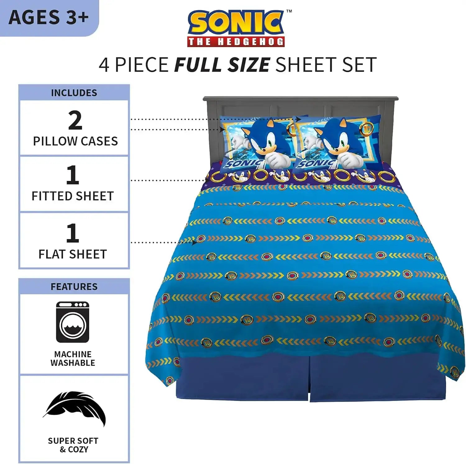 Sonic The Hedgehog Full Sheet Set Super Soft Microfiber Bedding for Kids with Flat Sheet Fitted Sheet and Pillowcases from PriceLows™