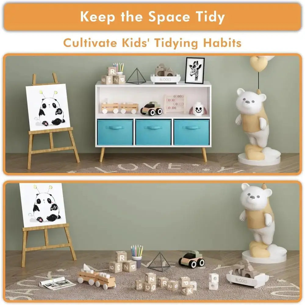 Collapsible 3-Tier Fabric Bookshelf for Kids, Multi-Cubby Wooden Storage Organizer, Playroom Display Rack in White/Blue from PriceLows™