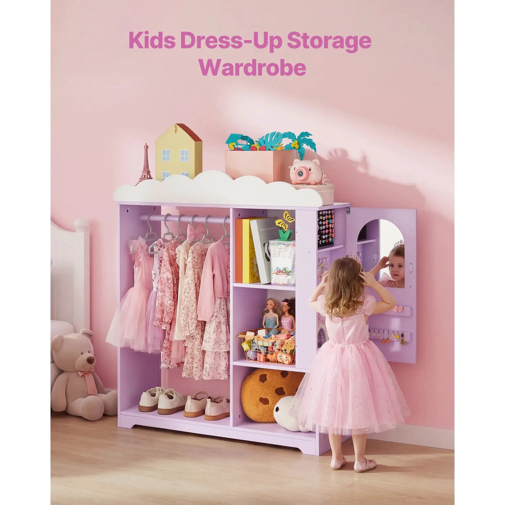SucceBuy Kids Dress Up Storage Jewelry Dress Up Closet with Mirror & Shelves Princess Costumes Wardrobe Closet for Girls Bedroom from PriceLows™
