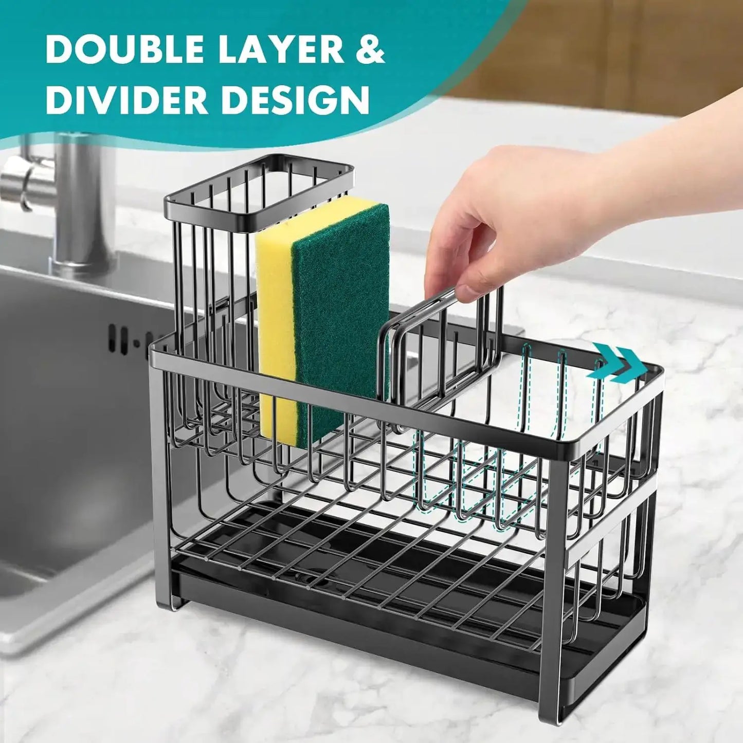 Kitchen Sponge Holder, Sink Caddy Organizer with Brush Holder, Stainless Steel Soap Tray, 2 Tier Black from PriceLows™