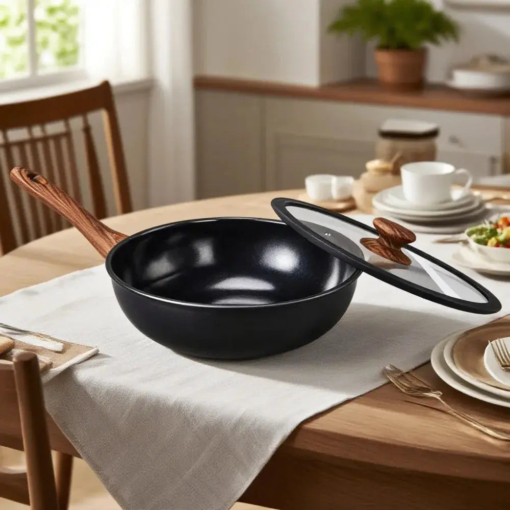 Woodgrain Handle Ceramic Cookware Set, 20pcs Nonstick Pots & Pans, Stackable Kitchen Set for Induction Hob, Complete Cooking Solution in Black from PriceLows™