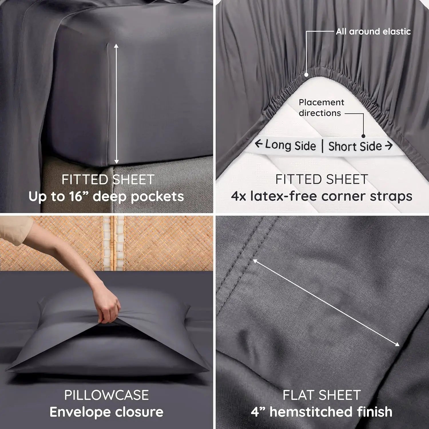Bamboo Sheets Queen Size Set 4pcs Cooling Bed Sheets Super Soft Deep Pocket Fits 16'' Mattress Charcoal from PriceLows™