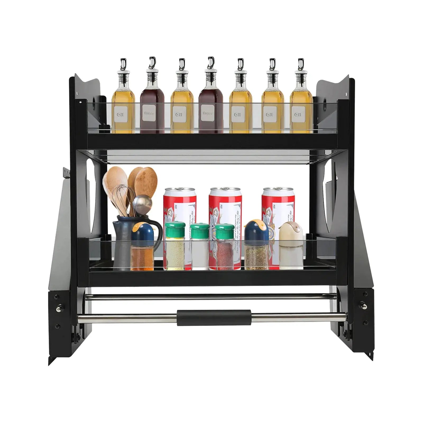 2 Tiers Pull-down Cabinet Storage Shelf Basket Organizer 66.14 lbs Max. Load-bearing For Kitchens, Bars, Coffee, etc from PriceLows™