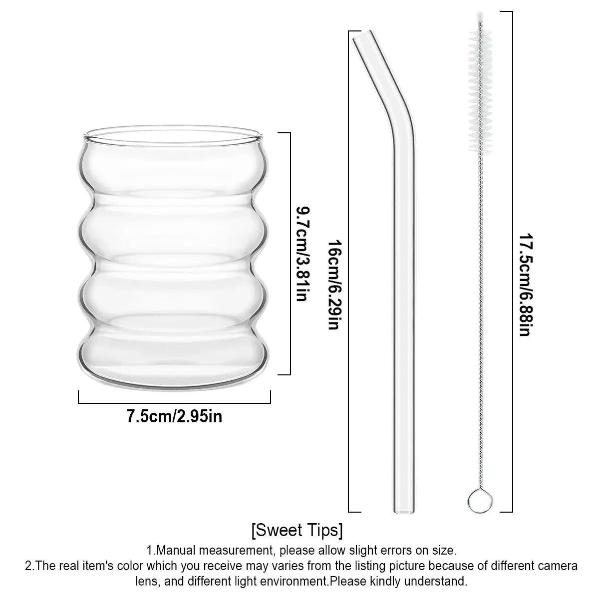 Leeseph 2pcs Creative Glass Cups with Lids and Straws Brush, Cute Cup Wave Shape Beverage Glasses for Juice Coffee Tea Ice Drink from PriceLows™