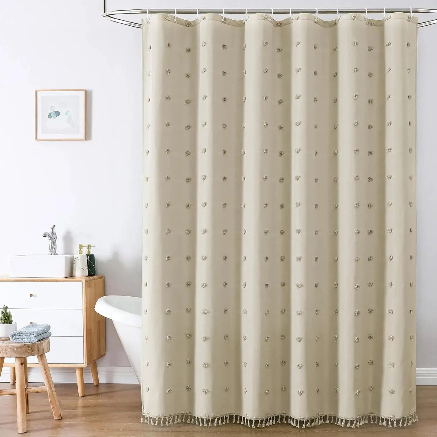 Bohemian Chic Polka Dot Shower Curtain with White Hooks - , Machine Washable Polyester Bathroom Decor from PriceLows™