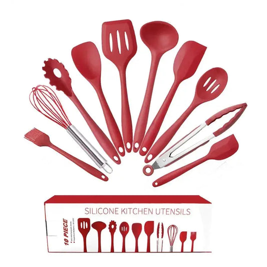 10 Pcs/Set Silicone Kitchen Utensils Set Non-Stick Silicone Tong Spoon Spatula Pasta Server Whisk Ladle Strainer Cooking Tools from PriceLows™