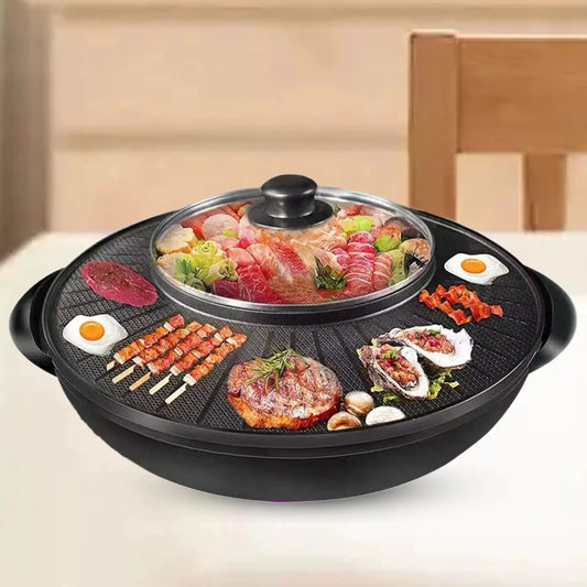 Electric Grill | 2 In 1 Grill With Hot Pot | Nonstick Surface | Portable Round