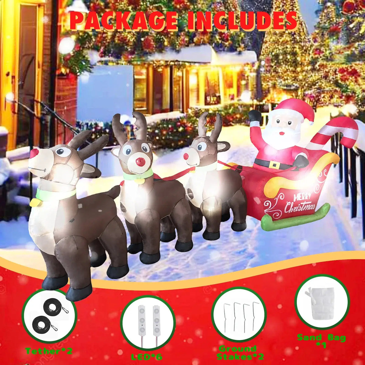 Christmas Inflatable Santa Sleigh | 9.8Ft LED | 3 Reindeer | Garden Lawn