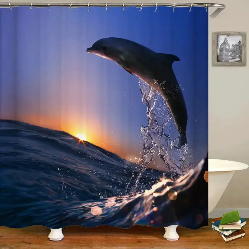 Dolphin Shower Curtain Sea Theme Shower Curtain Hook Washable Dolphin Waterproof 3D Animals Shower Curtain for Bathroom Decor from PriceLows™