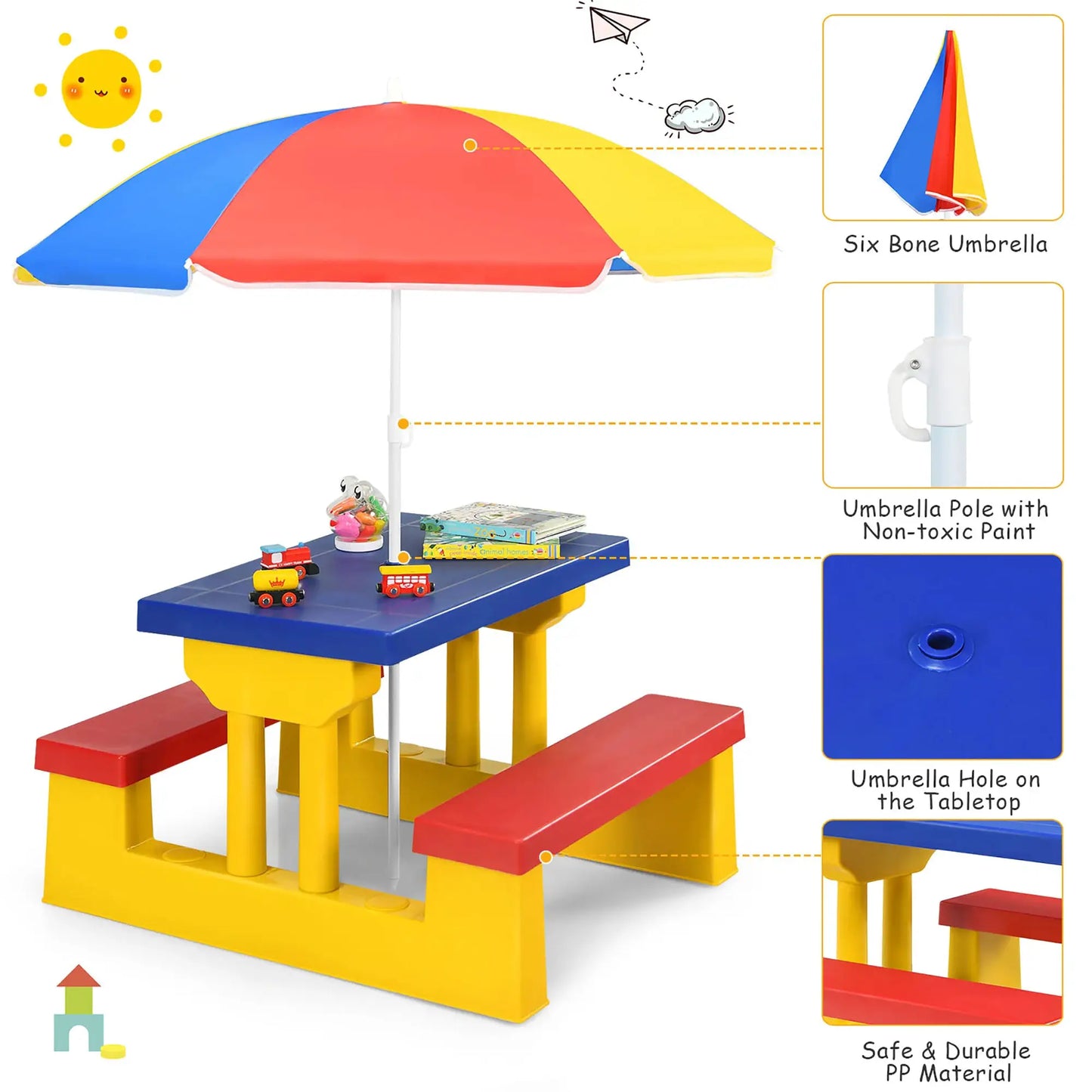 Kids Picnic Table Set W/Removable Umbrella Indoor Outdoor Garden Patio from PriceLows™