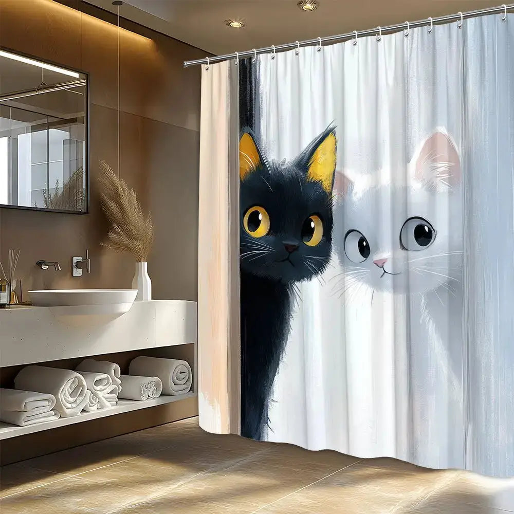 1pc Playful Cartoon Cat Shower Curtain - Black and White Peeking Cats Design with Pastel Background from PriceLows™