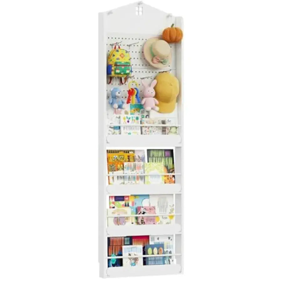 Bookshelf 4-Tier Behind The Door Bookshelf Wall Mount Book Shelf with DIY Pegboard and 5 Hooks Wooden Bookcase Storage Rack for from PriceLows™