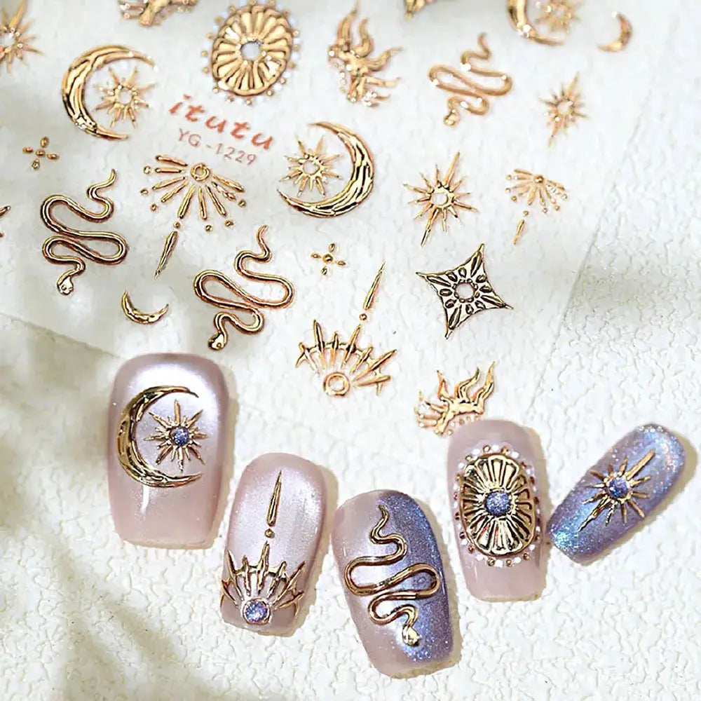 Gold Silver Snake Stars Nail Stickers for Nail Decoation Decals 5D Self-Adhesive Bronzing Stars Moon Totem DIY Supplies Slider from PriceLows™