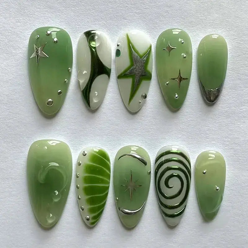 Press On Nails | 24pcs Summer Green Almond | Y2K Star Print | Reusable