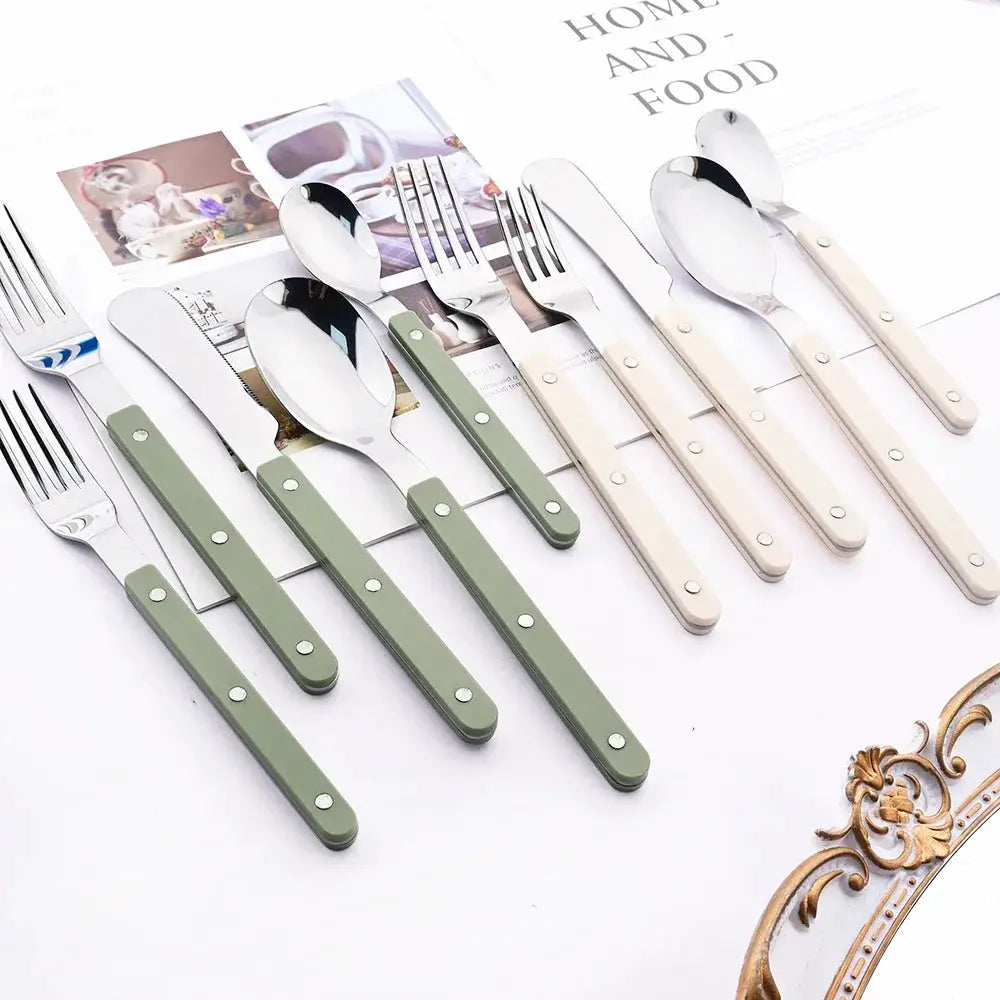 6/30Pcs Beige Silver Acrylic Handle Dinnerware Knife Fork Spoon Set Stainless Steels Cutlery Set Western Home Kitchen Flatware from PriceLows™