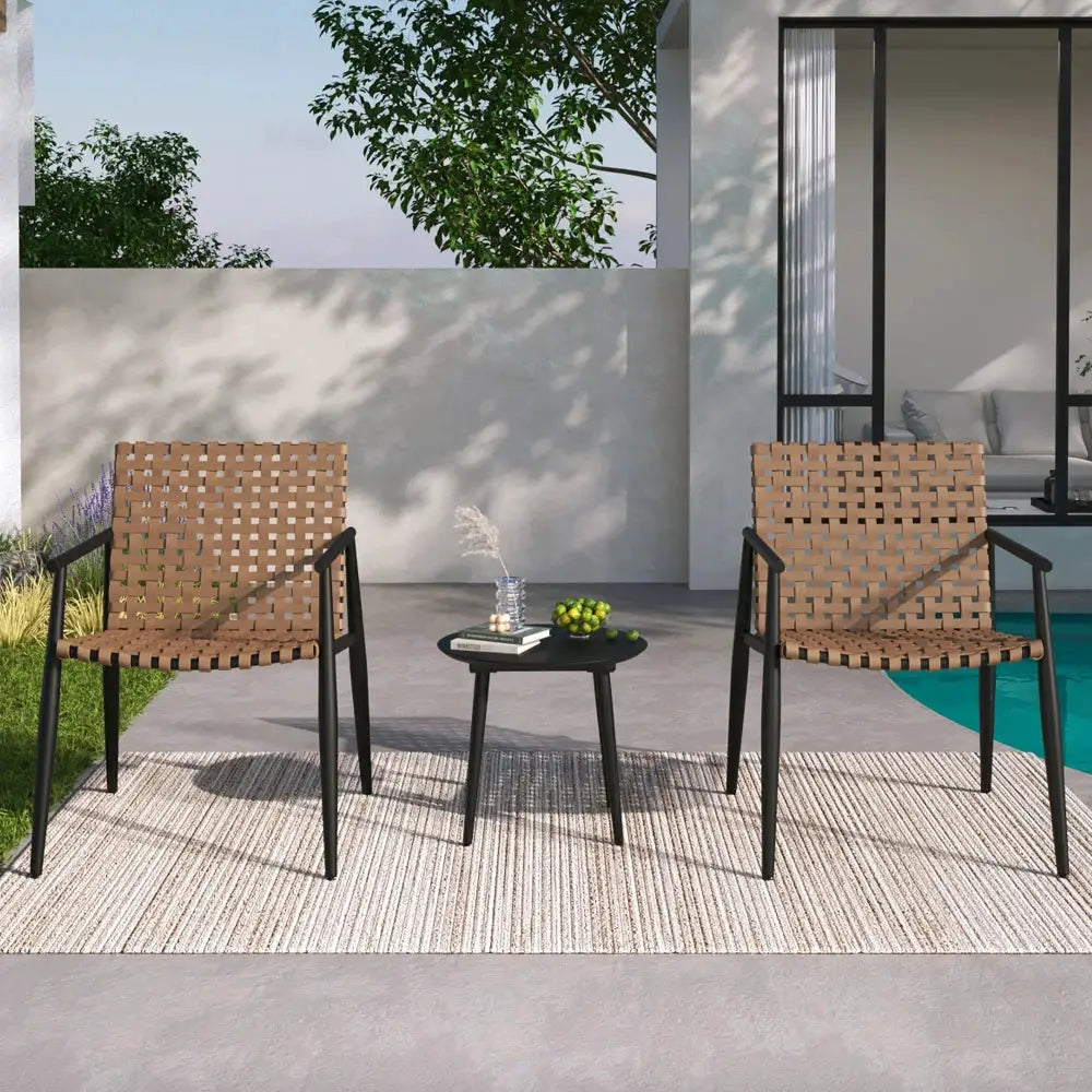 PE Rattan Outdoor Chat Set 2 Chairs, Black Steel & Glass Side Table, Modern Durable Patio Furniture for Garden Balcony Yard from PriceLows™
