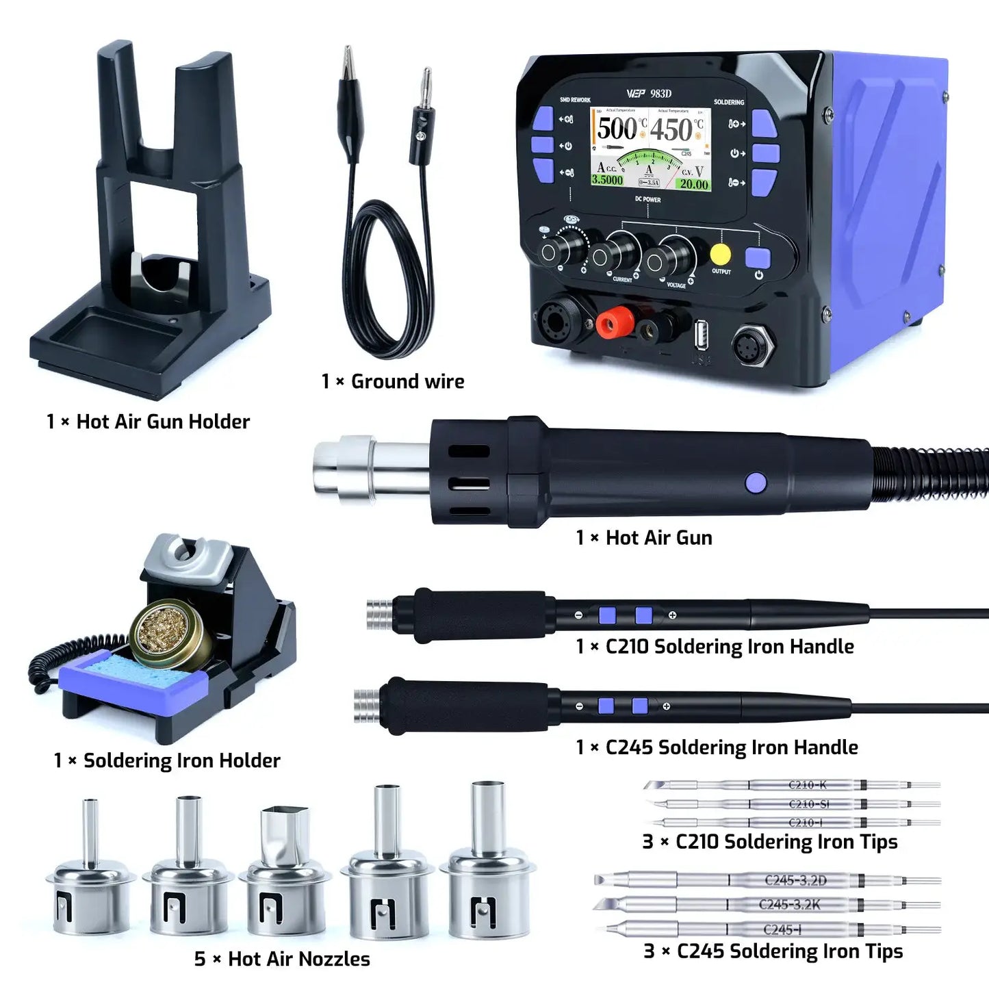 1300W 3IN1 Precision Soldering Station Compatible With C245 C210 Iron Pump Hot Air Handle For Micro Welding DC Power Supply WEP from PriceLows™