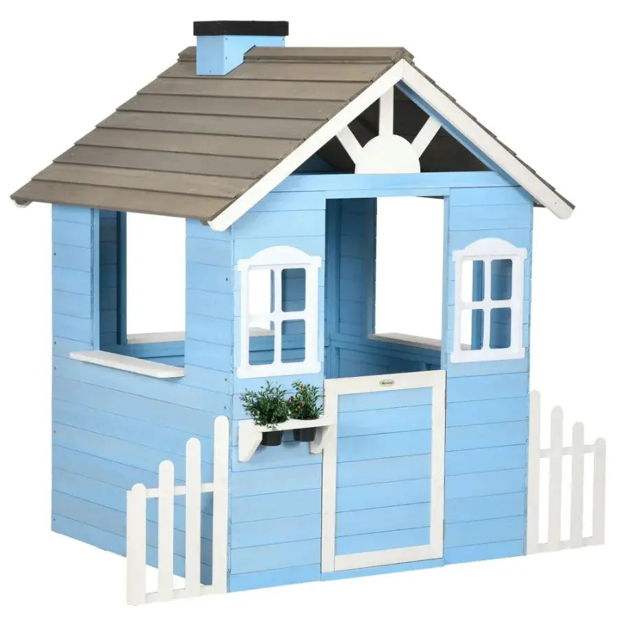 Wooden Playhouse for Outdoor with Flower Pot Holders Door Windows Service Stations for 3-7 Years Blue from PriceLows™