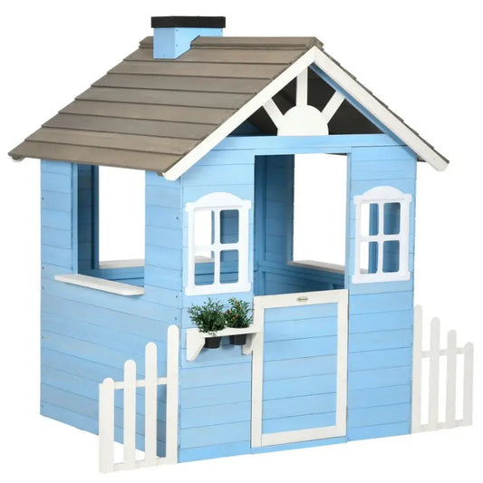 Wooden Playhouse for Outdoor with Flower Pot Holders Door Windows Service Stations for 3-7 Years Blue from PriceLows™