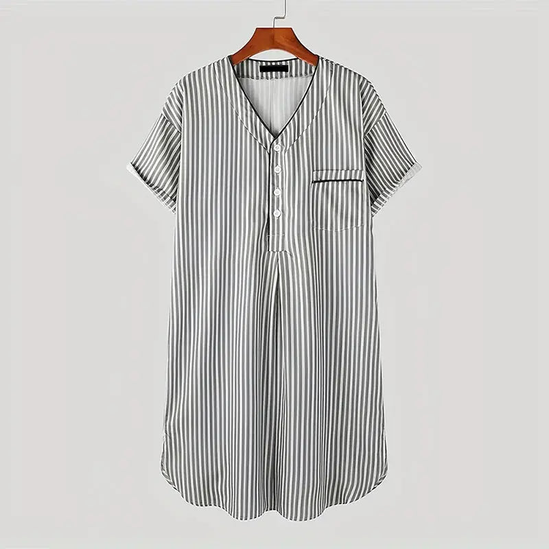 Men Short Sleeve Robe | Striped Polyester | V Neck Pattern | S-3XL Sizes
