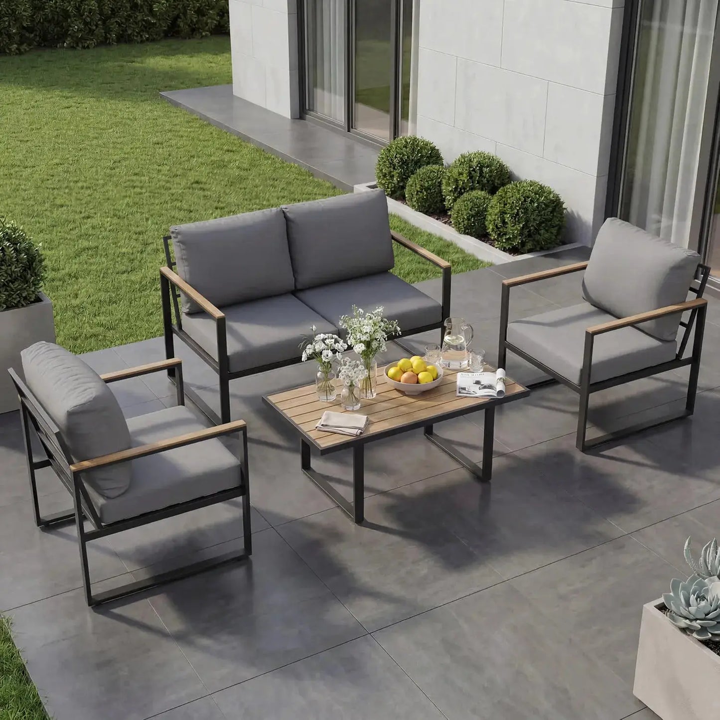 Modern 4-Piece Patio Furniture Set Outdoor Conversation Sectional Sofa With Coffee Table Thick Washable Cushions For Lawn Deck from PriceLows™
