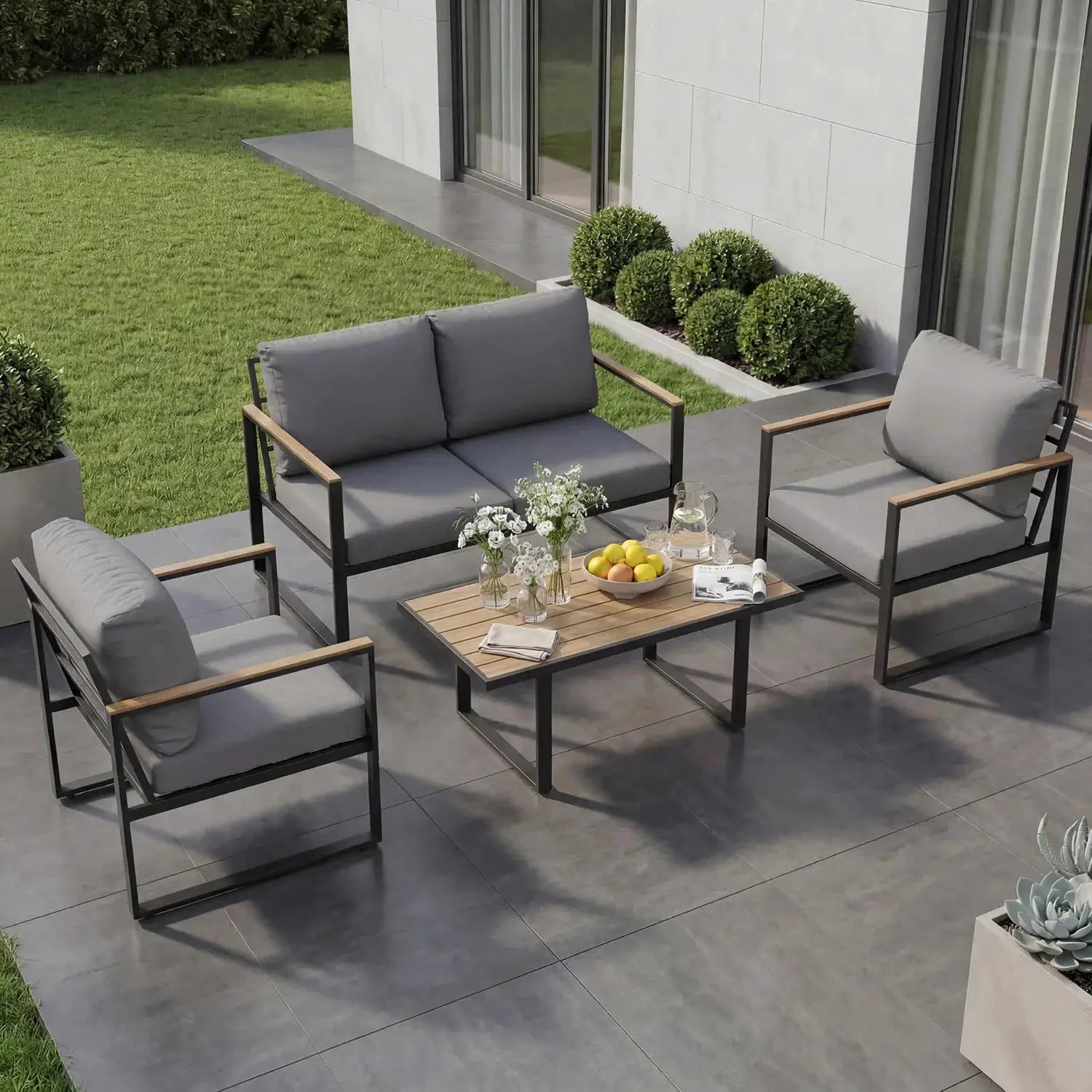 Modern 4-Piece Patio Furniture Set Outdoor Conversation Sectional Sofa With Coffee Table Thick Washable Cushions For Lawn Deck from PriceLows™
