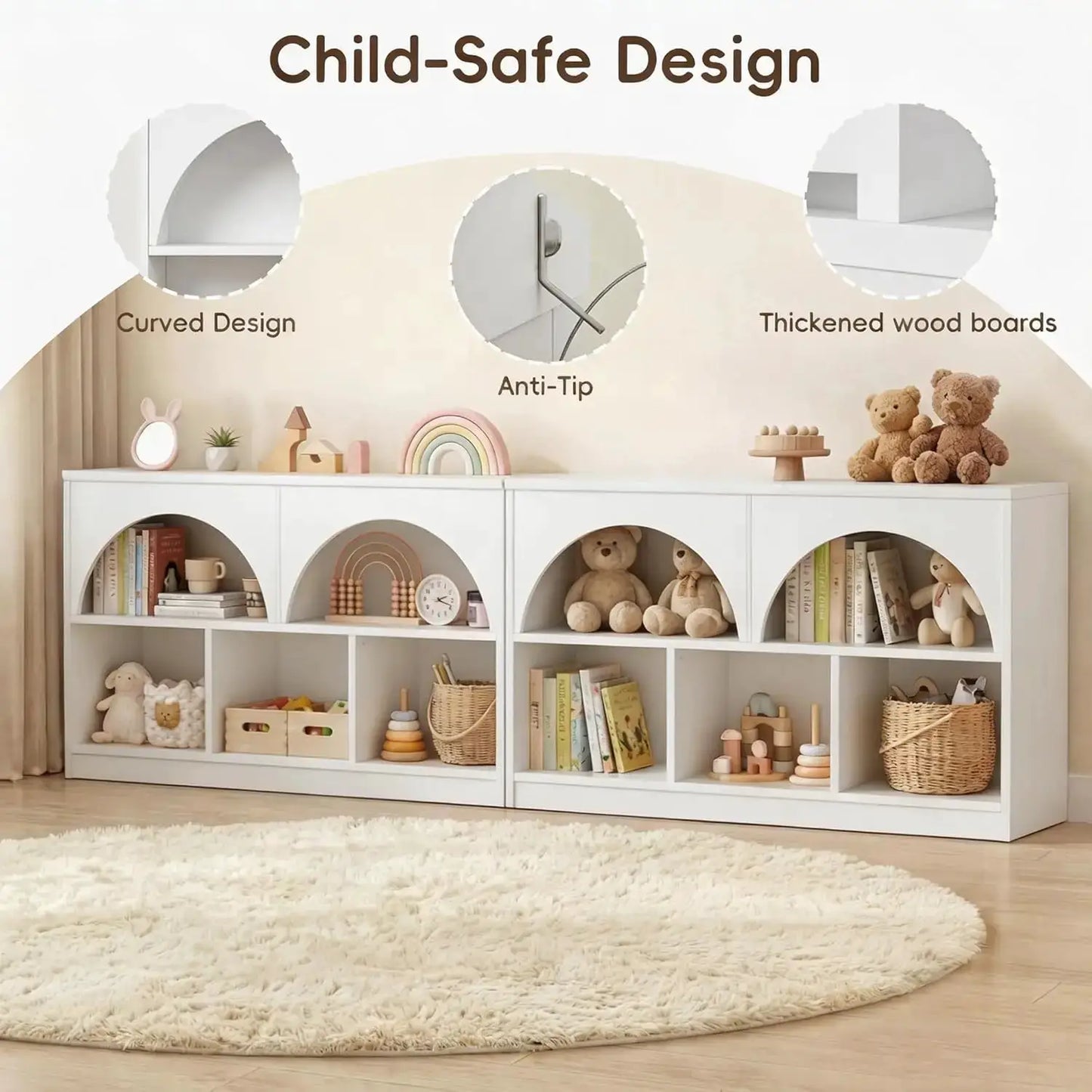 2-Shelf Arched Bookcase, Wooden Toy Storage Organizer, 5-Section Kids Bookshelf for Playroom, Nursery, White from PriceLows™