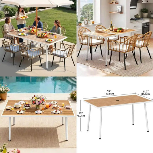 All-Weather 59x34.2 Rectangular Patio Dining Table with Adjustable Feet, Umbrella Hole, Seats 6 from PriceLows™