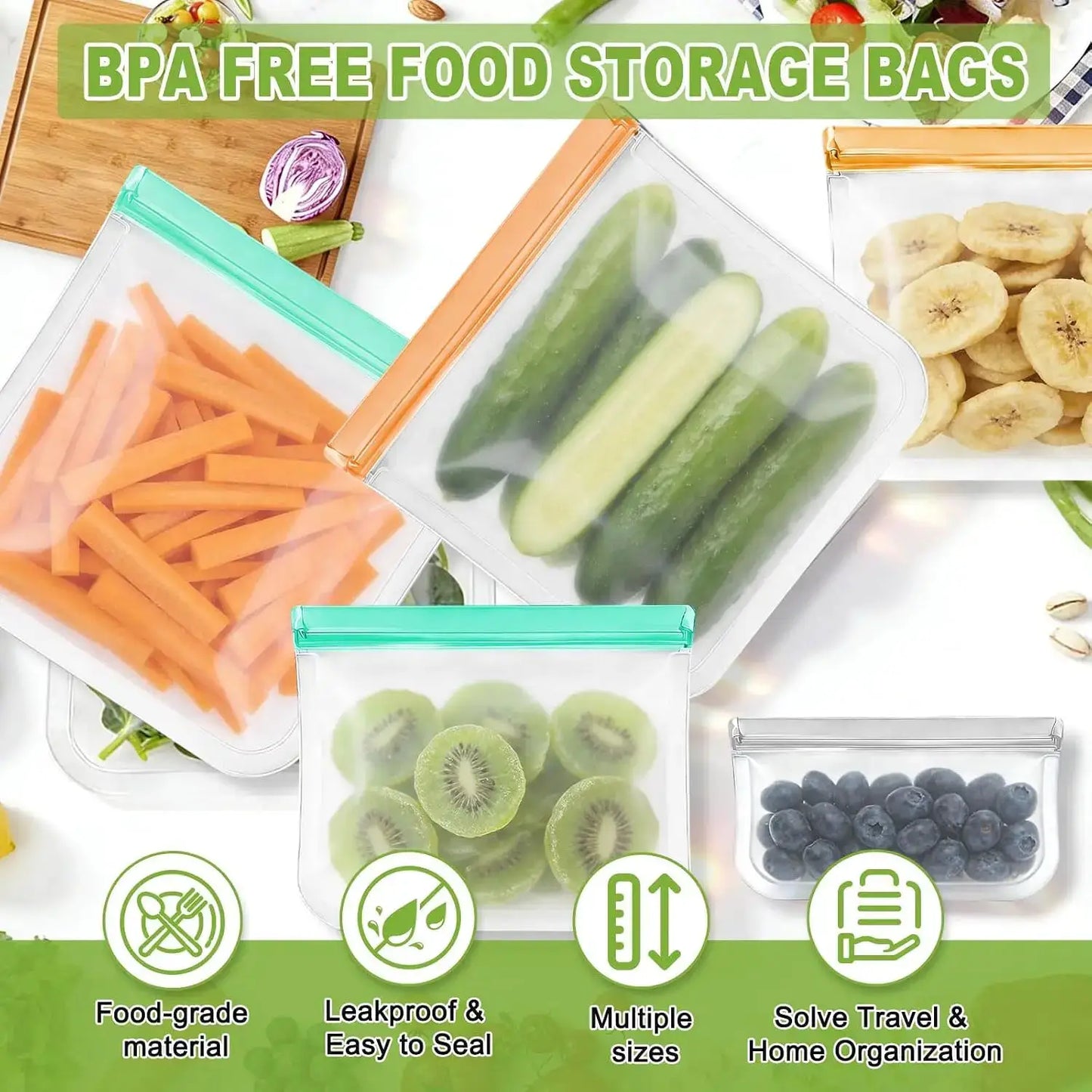 Reusable Silicone Bags | Leakproof | Freezer Safe | 4 Gal, 4 Sand, 4 Snack