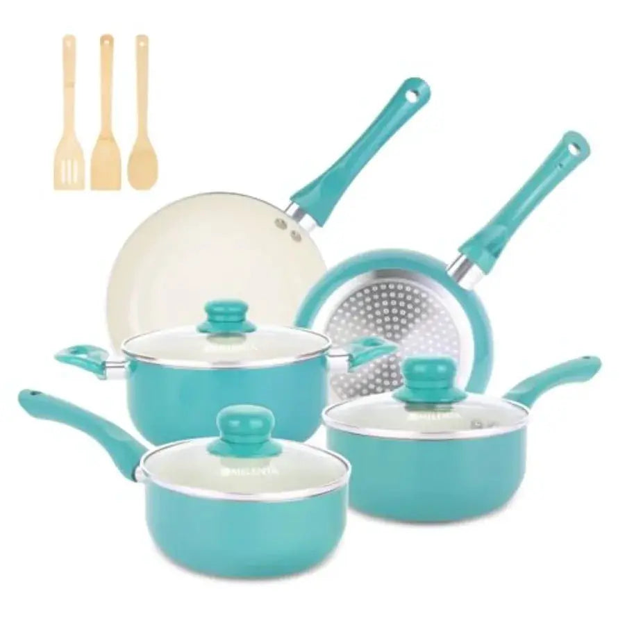 Pots and Pans Set Non Stick Ceramic Cookware Set 11-Piece Induction Cookware Non Toxic Healthy Kitchen Cooking Set Gold Knobs L from PriceLows™